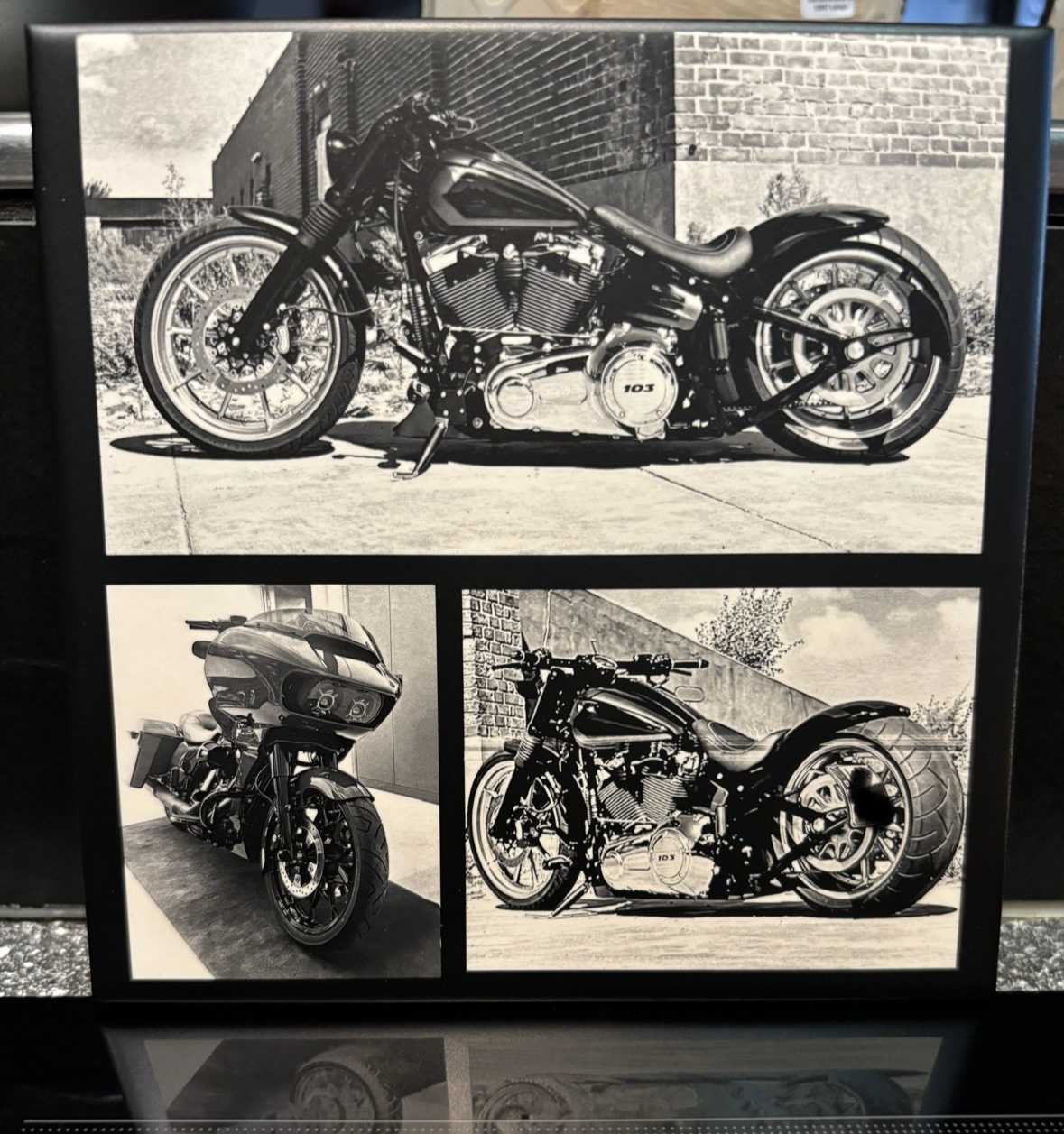 Motiv eines Motorrads, präzise auf eine Schieferplatte übertragen, gestaltet von Plotterträumchen.