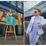 Künstlerin Vera Widmer mit einem ihrer Acrylbilder vor moderner Architektur, Ausstellung im Rathaus Kalletal