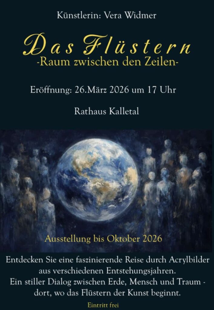 Plakat zur Ausstellung „Das Flüstern – Raum zwischen den Zeilen“ der Künstlerin Vera Widmer im Rathaus Kalletal